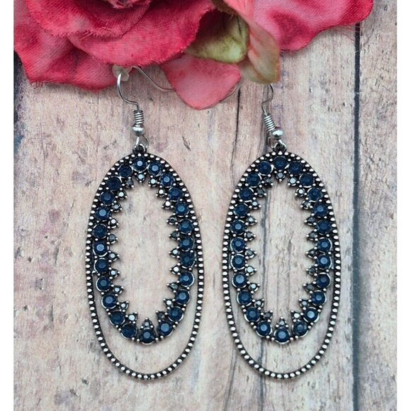 Silver Tone & Blue Crystal Large Dangle Double Hoop Earrings Pierced 2.5" - Picture 1 of 5